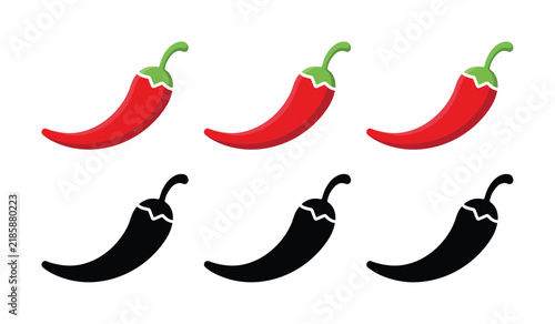 Set of red chili pepper and black silhouettes on white background