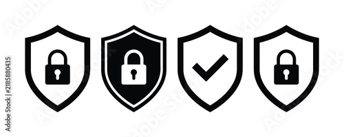 Set of security shield with padlocks and checkmark symbols