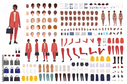 Woman set, vector constructor kit. Black woman avatar, animation set. Busines...