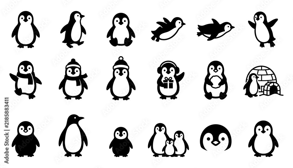 Obraz premium Penguin Icons Set with Igloo, Hat, and Gift Box Illustrations