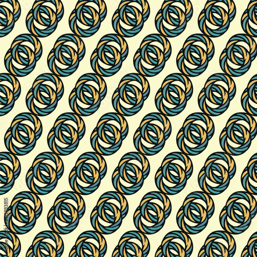 Seamless Interlocking Geometric Ring Pattern, Retro Teal and Gold Circle Design