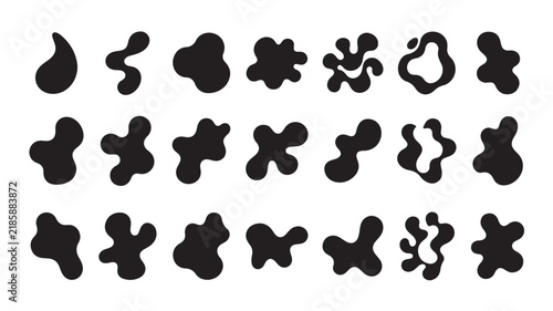 Organic blob shapes set, abstract liquid splash silhouettes, 21 black fluid vector elements for modern graphic design