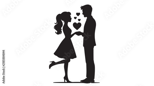 Romantic couple silhouette with hearts, loving man and woman holding hands vector, wedding and valentines day graphic element