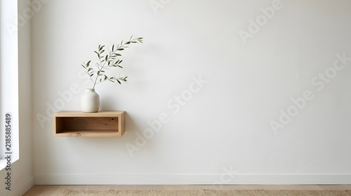 Minimal Rustic Wall Shelf with Vase and Green Branches in Bright Room