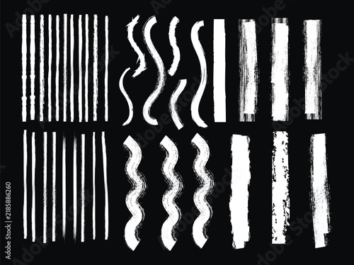 Collection of white vector paint brush strokes textured lines and grunge artistic borders set isolated on black background for design elements. 