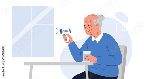 Elderly Man Taking Temperature With Digital Device At Home