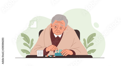 Elderly Man Taking Medication With A Blanket And Plants