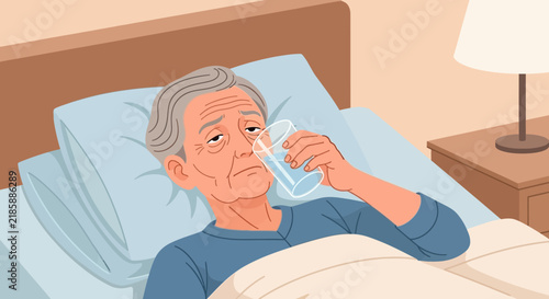 Elderly Man Unwell In Bed Drinking Water From Glass