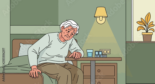 Elderly Man Sits Alone Looking Sad In A Room With Medication And Water