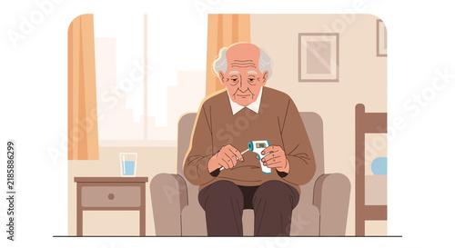 Elderly Man Uses Infrared Thermometer At Home