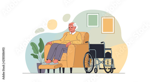 Elderly Man Sitting In Armchair With Wheelchair Nearby Interior Scene