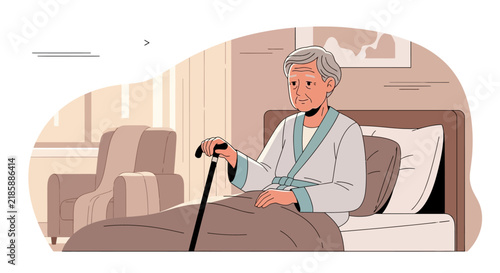 Elderly Man Sitting In Bed With Cane Illustration