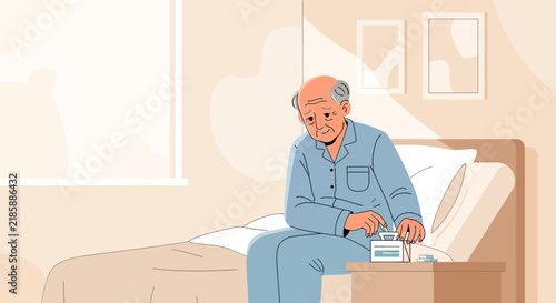 Elderly Man Sitting On Bed With Medications In A Room
