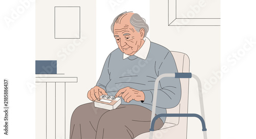 Elderly Man Sitting Indoors With Medication And Walker