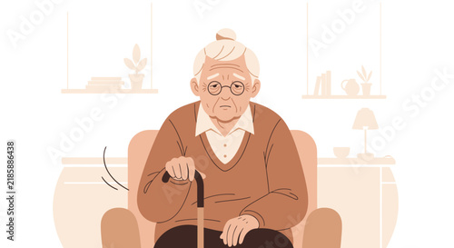 Elderly Man Sitting On Chair With Cane Looking Thoughtful