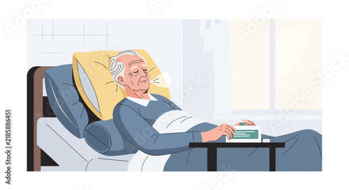 Elderly Man Sleeping Soundly In A Hospital Bed With Medication Nearby