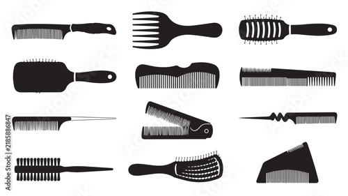 Professional hair comb silhouettes, 12 barber shop tool icons, black hairbrush set for salon branding and grooming graphics