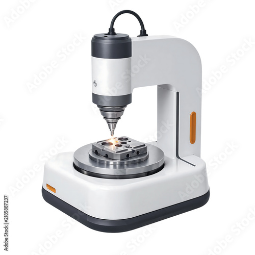 Industrial laser marking machine engraving precise patterns on a metal component on isolated white background transparent background