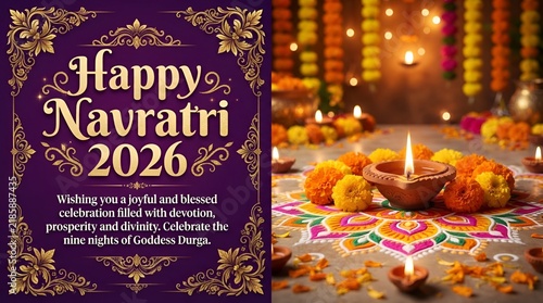 Happy navratri 2026 festive greeting with a glowing diya lamp, colorful rangoli, and marigold garlands on a deep purple background