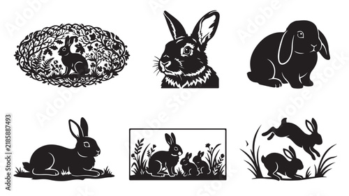 Vintage rabbit silhouette collection, black bunny woodcut illustrations, 6 rustic hare vector icons for Easter and nature design