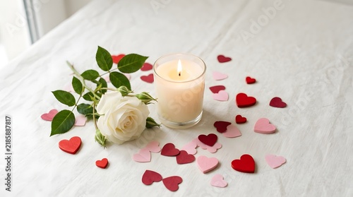 Romantic White Rose Candle Heart Decor Scene on White Table