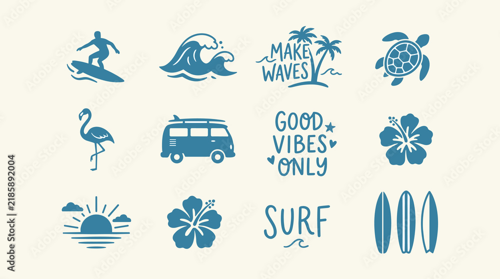 Obraz premium Blue Tropical Surf Beach Summer Vacation and Good Vibes Flat Icon Set on Cream Background
