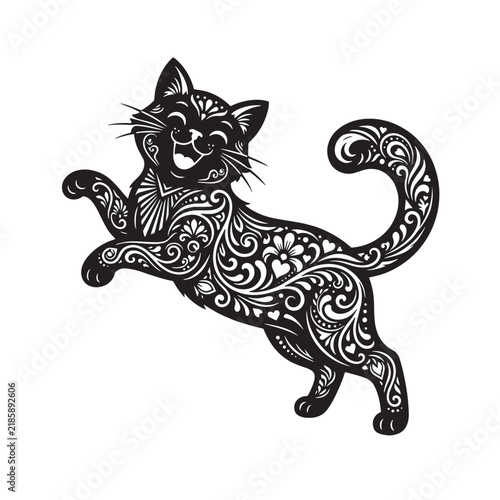 Decorative black cat vector illustration with floral ornament and intricate patterns in silhouette style