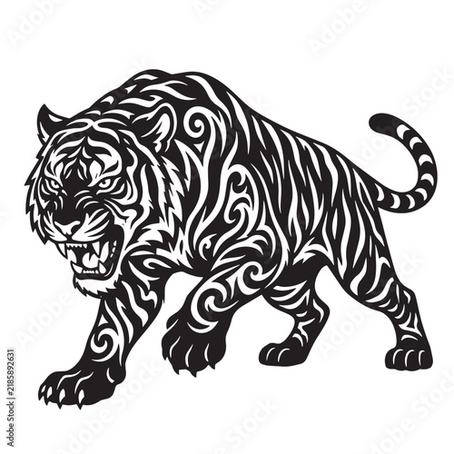 Tiger vector illustration, black and white tribal tattoo art design