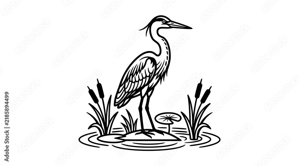 Fototapeta premium Black and white heron standing among marsh reeds.
