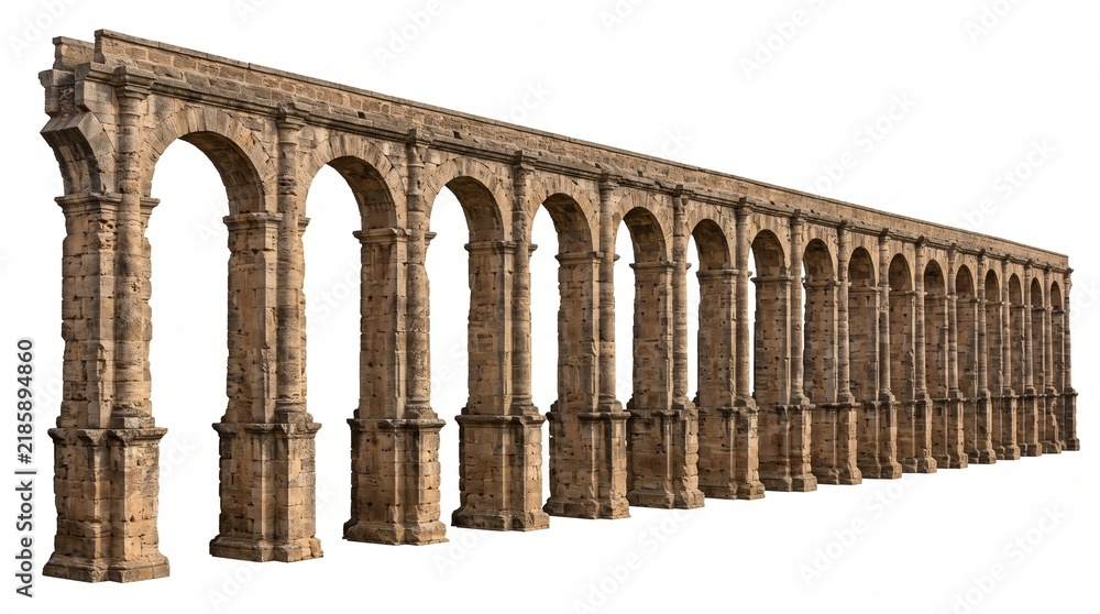 Fototapeta premium Long ancient stone arch bridge aqueduct isolated on a clean white background, showcasing historical Roman engineering and architectural grandeur.