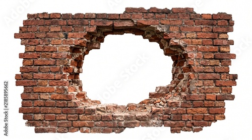 An old, damaged red brick wall featuring a prominent, roughly circular hole in its center, cleanly isolated on a bright white background, symbolizing demolition and structural weakness.