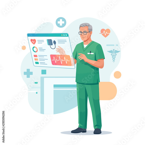 Doctor Interacting With Advanced Medical Technology Displaying Health Data