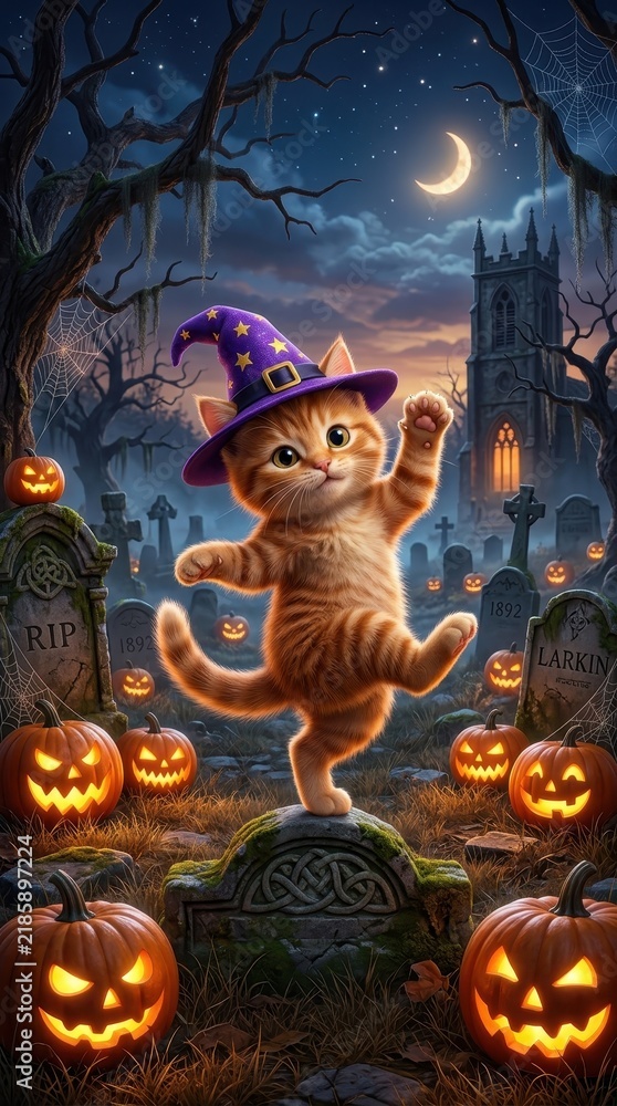 Fototapeta premium Cute Ginger Kitten in Wizard Hat Dancing in Spooky Halloween Graveyard with Jack-o'-Lanterns and Crescent Moon