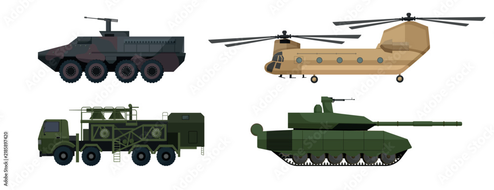 Fototapeta premium Vector collection of military machinery including a dual-rotor transport helicopter, armored combat vehicle, radar communication truck, and battle tank.