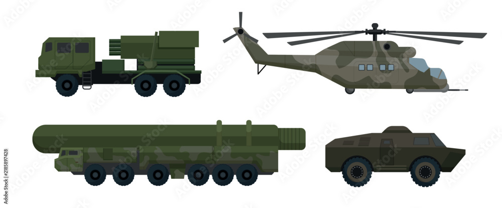 Fototapeta premium Vector set of military equipment featuring a rocket launcher truck, camouflage transport helicopter, ballistic missile system, and armored car.