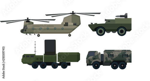 Vector set of military equipment featuring a dual-rotor transport helicopter, scout vehicle with missile system, mobile radar truck, and armored command vehicle.
