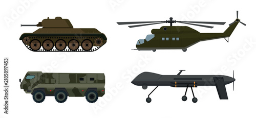 Vector set of army equipment featuring a battle tank, military helicopter, camouflage armored truck, and armed drone for defense concepts.