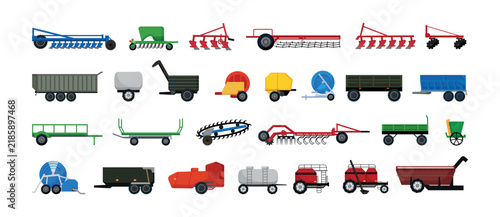 Vector collection of farm tractor implements, including plows, cultivators, seeders, trailers, balers and liquid tankers for agriculture and harvesting designs.