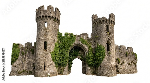 Ruined medieval castle gatehouse with towers and green ivy isolated cutout asset