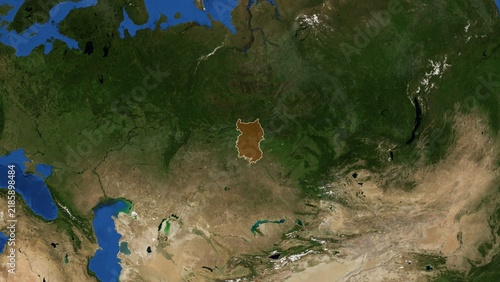 Obraz na plátně Cinematic 3D Earth Globe Orbital Zoom into Omsk Region, Russia Borders - High Re
