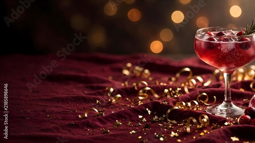 Elegant New Year background with red sparkling drink, golden confetti, and warm bokeh lights on rich burgundy fabric, ideal for festive advertising and celebration designs