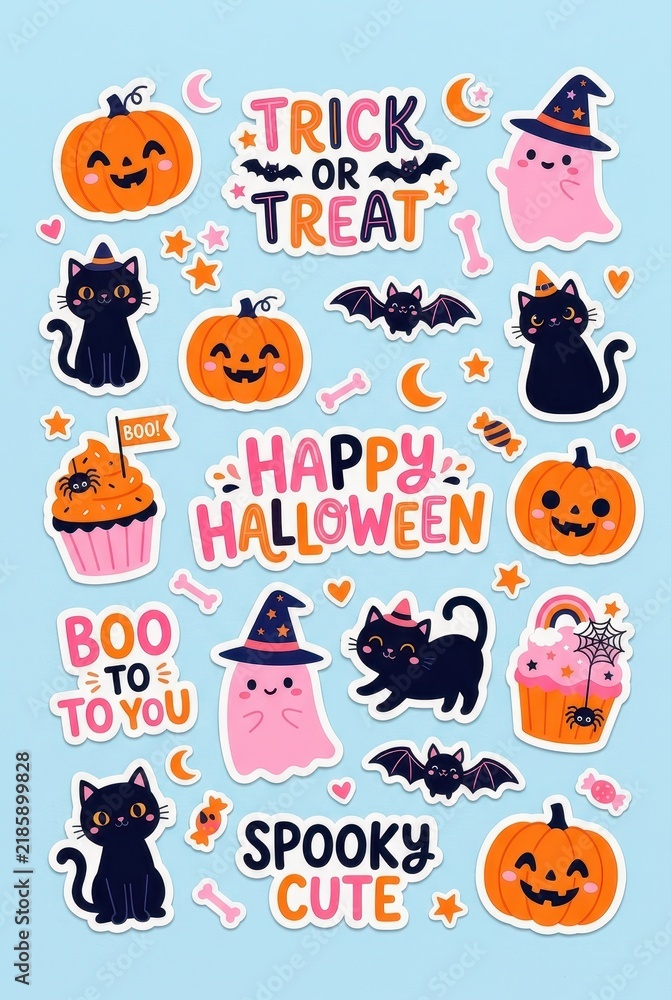 Obraz premium Cute Halloween Sticker Set with Kawaii Pumpkins, Black Cats, Pink Ghosts, and Spooky Festive Typography on Blue Background