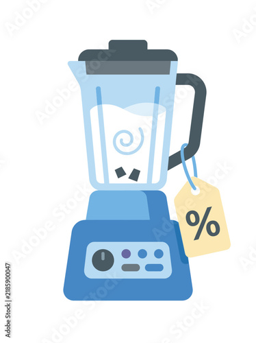 Blue kitchen blender with milk and a percent discount tag for appliance store sale promotions