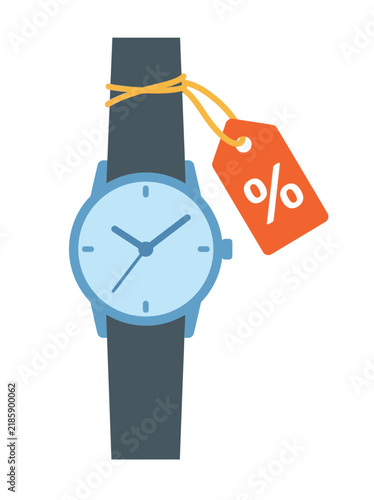 Flat illustration of a wristwatch with a discount price tag for sale promotions