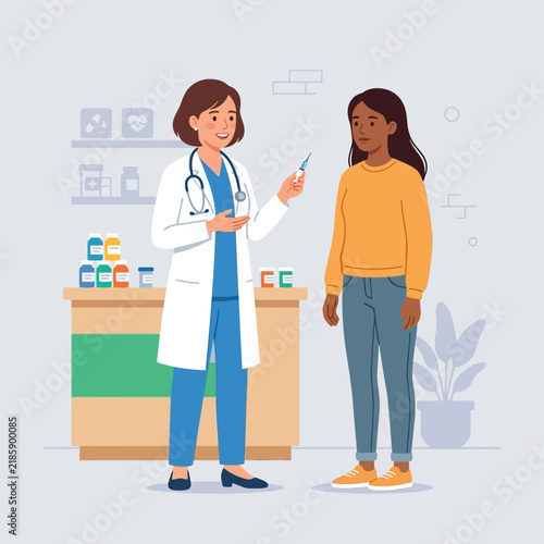 Doctor Holding Syringe Discussing Treatment With Patient In Clinic