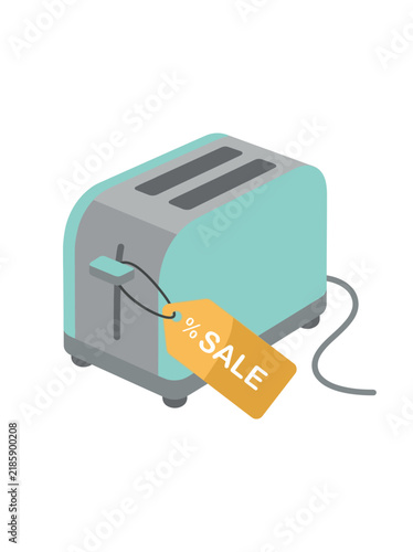 Isometric mint toaster with a yellow sale price tag isolated on a transparent background