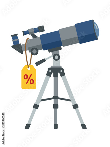 Professional astronomical telescope on tripod with a percentage discount tag for retail sale.