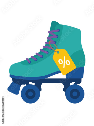Teal quad roller skate with a yellow percentage discount tag for a seasonal sale isolated