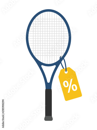 Blue tennis racket with yellow discount price tag for retail promotion on transparent background
