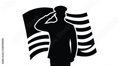 Silhouette of a soldier saluting in front of a flag to honor national veterans on Memorial Day.